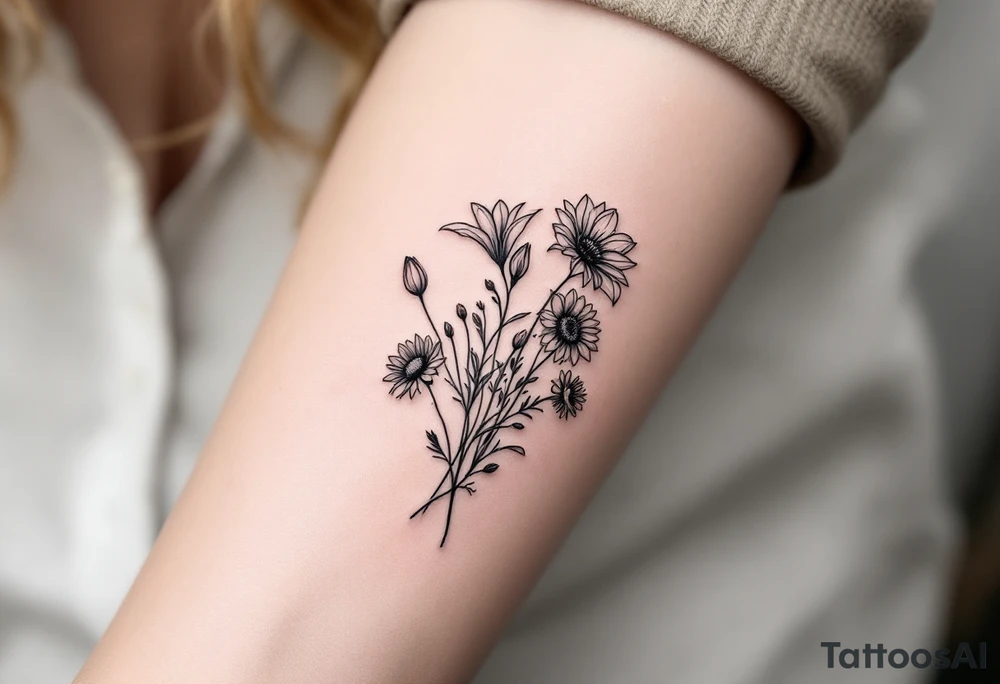 Stargazer lillies with small sunflowers and tulip buds in a dainty wildflower bouquet with stems tattoo idea