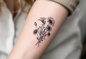 Stargazer lillies with small sunflowers and tulip buds in a dainty wildflower bouquet with stems tattoo idea