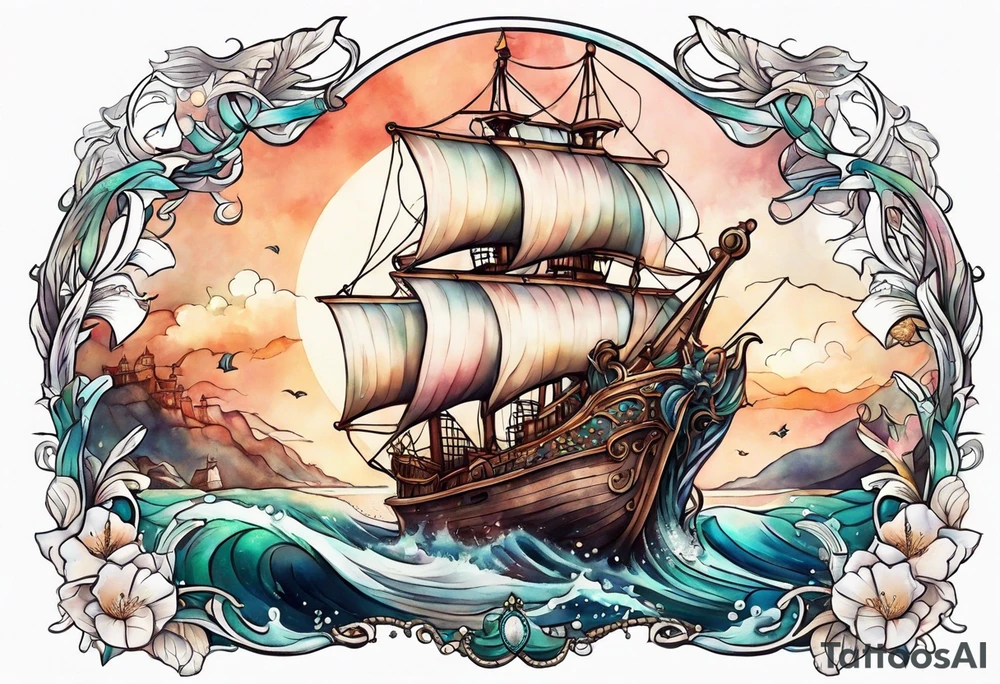 mermaid with galleon ship tattoo idea