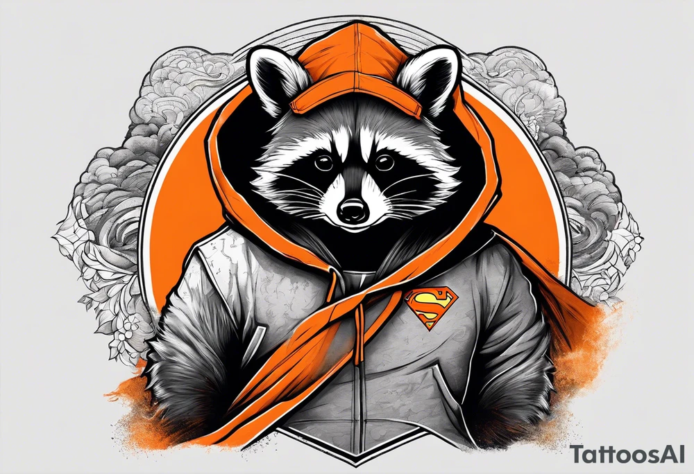 Raccoon wearing an orange Superman hoodie tattoo idea