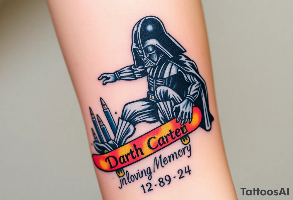Darth Vader skateboarding > bullets > in loving memory > colors
skateboard words "Darth Carter"
add date 12/29/88-01/06/24 tattoo idea