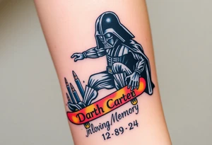 Darth Vader skateboarding > bullets > in loving memory > colors
skateboard words "Darth Carter"
add date 12/29/88-01/06/24 tattoo idea