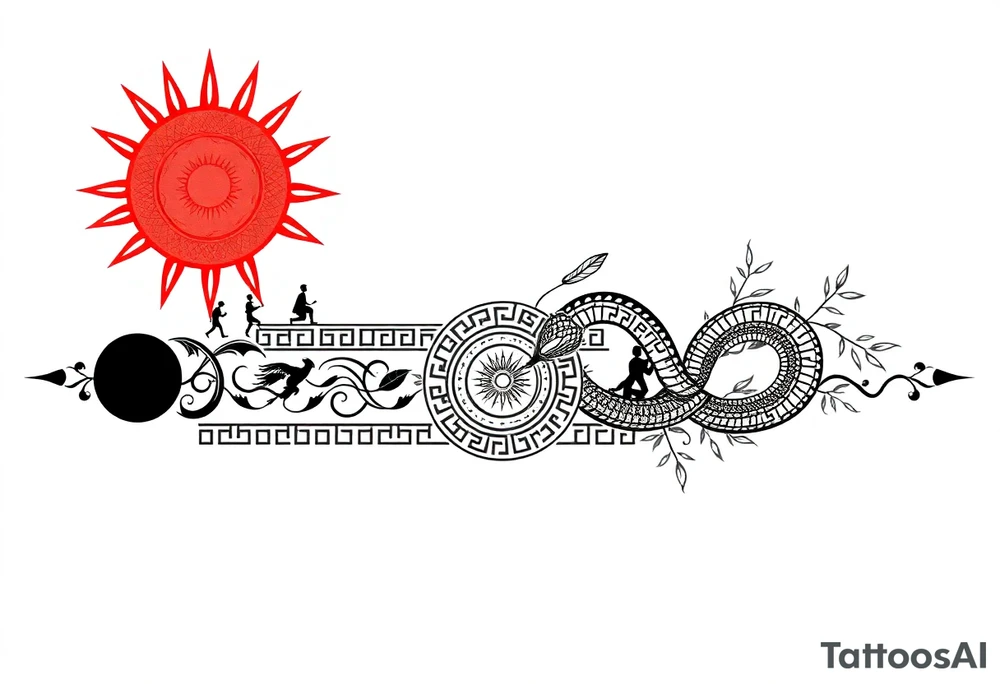Forearm tattoo stencil, ultra-thin horizontal band (ratio 10:1), black and red line art.  
TOP EDGE (DAY):  
- Large red Greek sun with sharp neo-tribal spikes,  
- Tiny running human silhouettes (angular style),  
- Phoenix bird feathers integrated into meander.  

BOTTOM EDGE (NIGHT):  
- Black crescent moon with dotwork shading,  
- Ouroboros snake with dragon scales,  
- Meditating figure (silhouette).  

CENTER:  
- Greek meander pattern connecting all elements,  
- Hidden Bagua trigrams in corners (black),  
- Bamboo stalks as "Tree of Life" (red).  

Seamless repeating design, NO background, pure line art.  
Style: Neo-tribal meets ancient Greek and Chinese ink art. tattoo idea