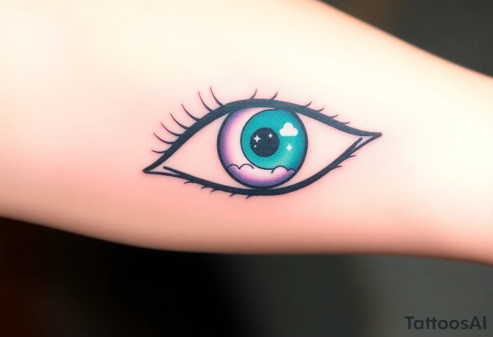 Large outline of an eye shaped like an almond with eye colored greenish blue with long pretty black eyelashes + spade shaped eyeball insyead pf a round eyeball + a crescent moon stars and clouds inside of the eyeball only + using vivid colors like blue green purple light blue light green light purple tattoo idea