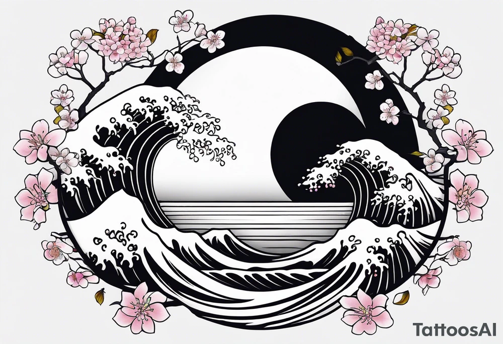 Japanese tori rounded by cherry blossom and death flower and Japanese wave tattoo idea