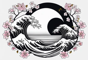 Japanese tori rounded by cherry blossom and death flower and Japanese wave tattoo idea