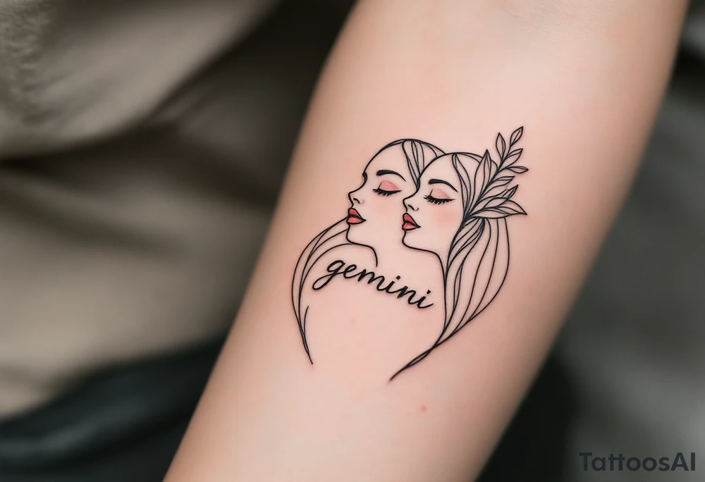 A continuous line drawing of twin faces, flowing together in a smooth and modern design with subtle pastel highlights with word "gemini" tattoo idea