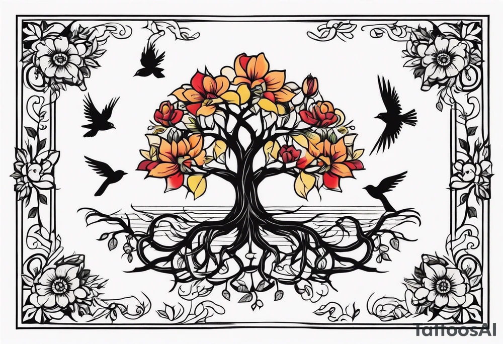 tree with roots and birds


old school vintage simple traditional design with vintage flowers surrounding
bold color simple tattoo idea