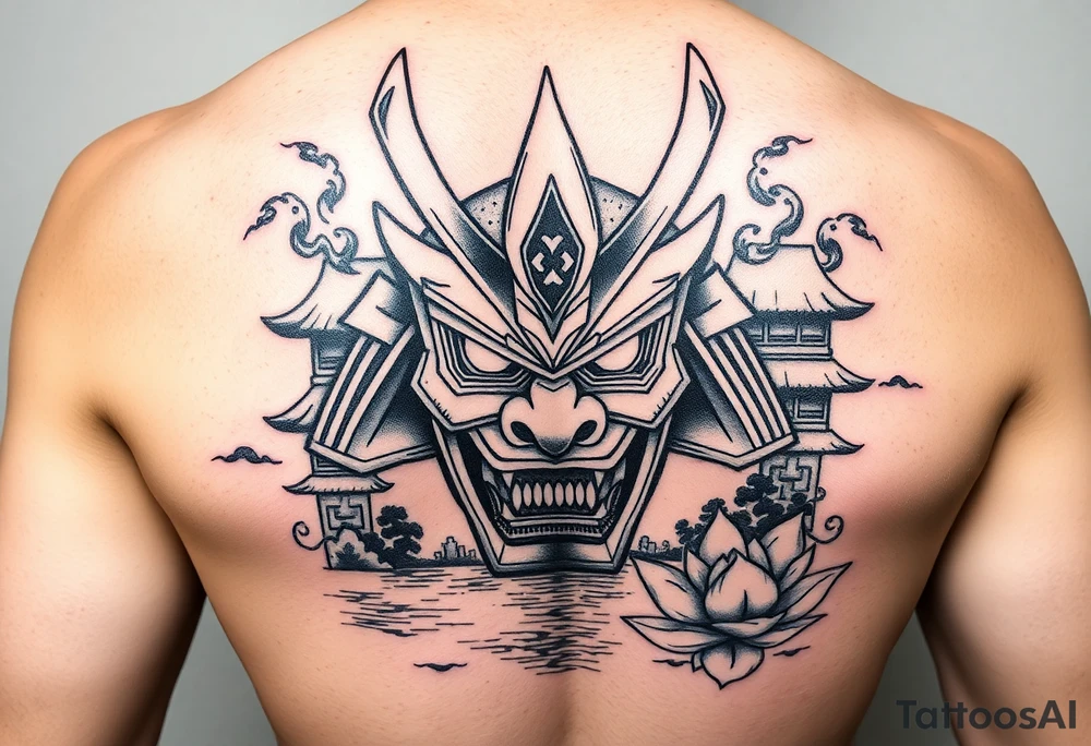 Samurai oni mask, Japanese temple, water, lotus tattoo idea
