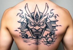Samurai oni mask, Japanese temple, water, lotus tattoo idea