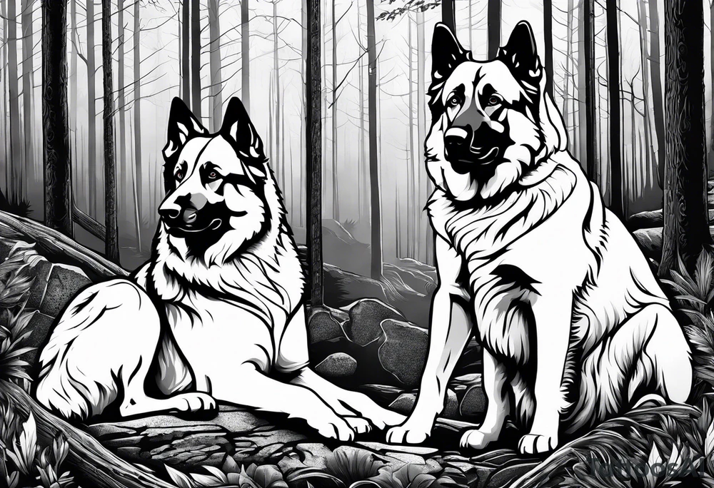 two norwegian elkhounds guarding a dark forest tattoo idea