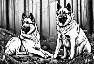two norwegian elkhounds guarding a dark forest tattoo idea