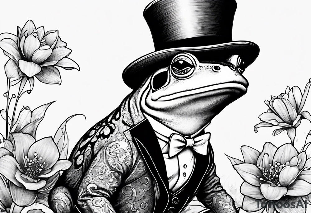 Cute Frog wearing top hat and a suit standing on its Back legs while holding flowers tattoo idea
