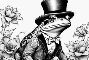 Cute Frog wearing top hat and a suit standing on its Back legs while holding flowers tattoo idea