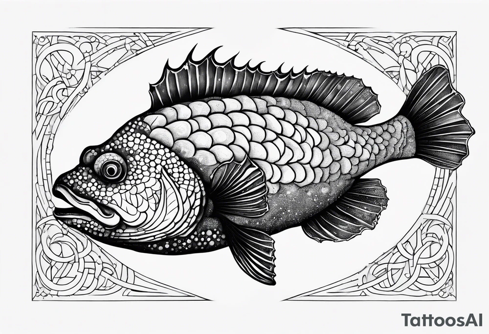 a stonefish, under a crescent moon with a number 3 somewhere tattoo idea