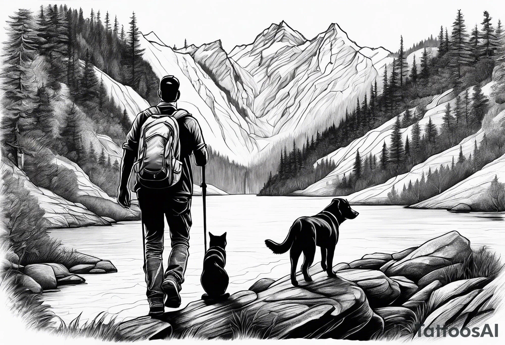 father son hiking with their dog and cat in the mountains, nature, waterfall, rive tattoo idea