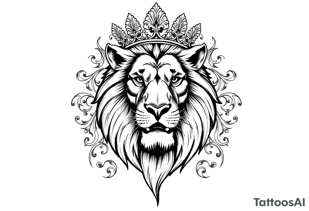 majestic lion wearing ornate crown, surrounded by baroque flourishes tattoo idea