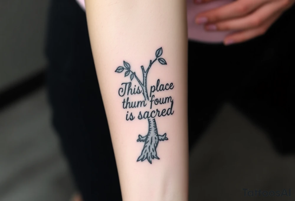 Hand written writing that says this place is sacred on the trunk of a small breadfruit tree tattoo idea