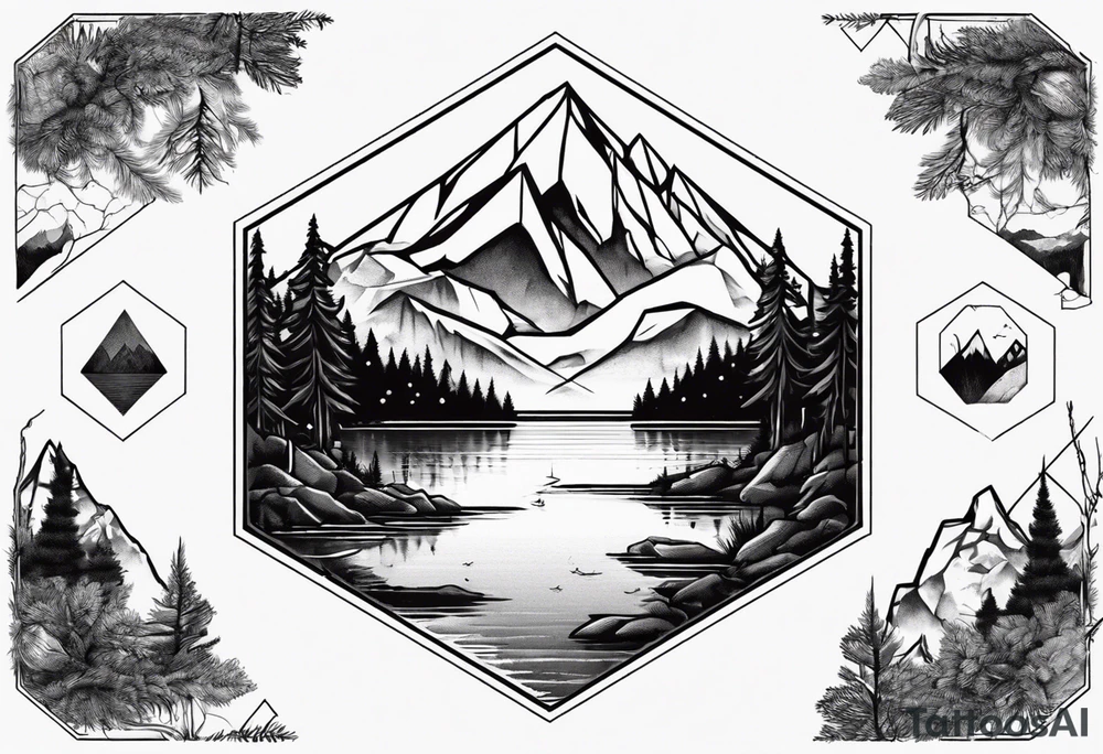 Mountain, coniferous forest and lake in a hexagon. The lake is at the bottom of the figure tattoo idea