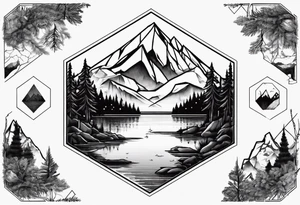 Mountain, coniferous forest and lake in a hexagon. The lake is at the bottom of the figure tattoo idea