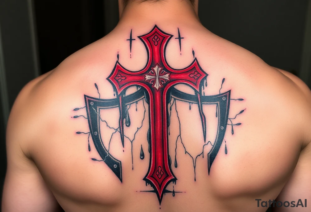 A red Templar cross dripping with rain on a battle-scarred shield, evoking a sense of perseverance tattoo idea