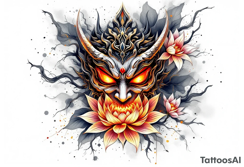 Burnt hannya mask with lotus flower on bakcdrop tattoo idea