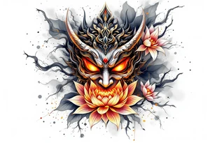 Burnt hannya mask with lotus flower on bakcdrop tattoo idea