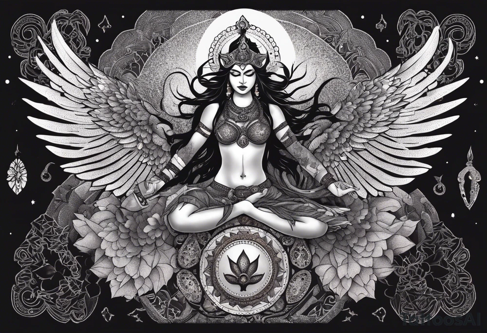 black kali, goddess pirate, alien, angel, pachamama, valkrye, warrior, flying, skull, lotus azul, wing, eagle, zenza resonance, stars, 5D, anahata chakra, death, durga, riding on a tiger, flying lady, kundalini, chest tatoo, samuri, rebel,serpent tattoo idea