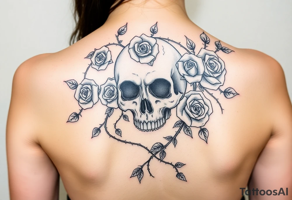 gothic skull intertwined with climbing roses and thorny vines tattoo idea