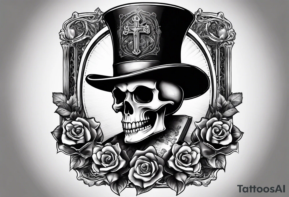 skeleton wearing a top hat holding a holy bible tattoo idea