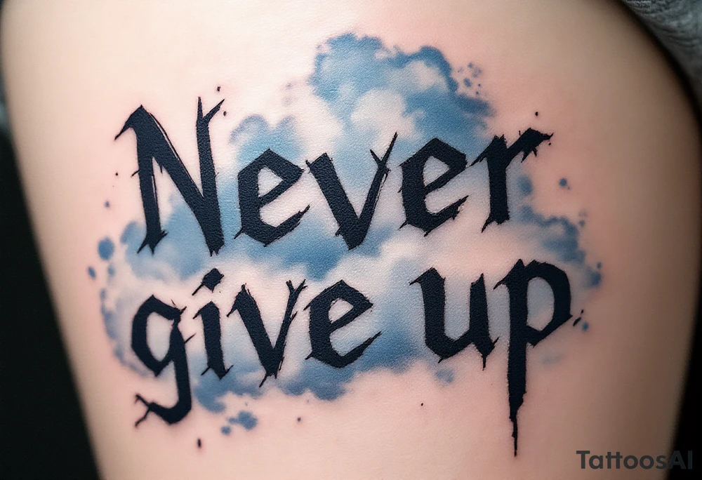 "Never give up" in rough, scratched lettering over a faded blue storm cloud symbolizing endurance. tattoo idea