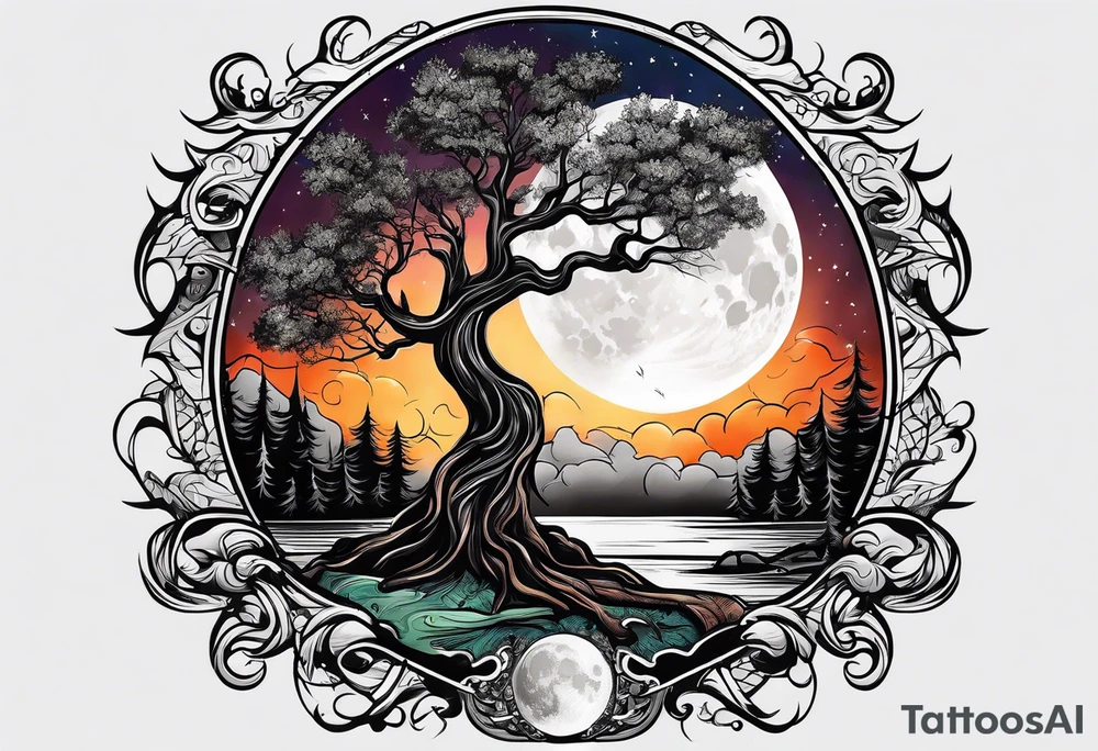 Guitar design moon tree campfire tattoo idea