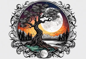 Guitar design moon tree campfire tattoo idea