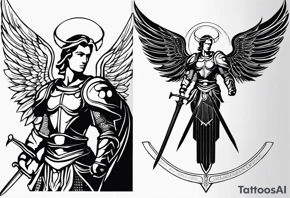 **Tattoo Design: Archangel Michael**

- **Central Theme**: Archangel Michael, majestic and powerful, stands ready with a raised sword, prepared to battle evil.
- **Appearance**: The figure of Archangel Michael depicted in full angelic armor, with majestic wings spread wide.
- **Expression**: His stance conveys strength, courage, and determination in defense of good.
- **Details**: Focus on intricate details such as facial features, armor embellishments, and the raised sword.
- **Background**: May be stylized as celestial, with rays of light or clouds, accentuating the divine presence of Archangel Michael.
- **Placement**: Intended for placement on the chosen body area, with the option to adjust the size according to personal preferences. tattoo idea