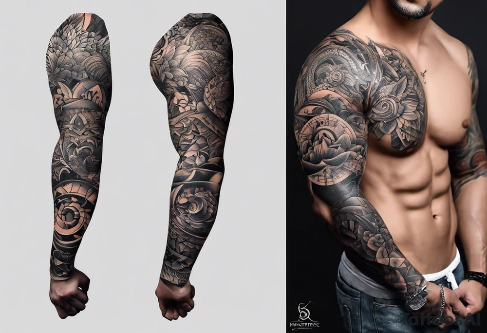 Please create a tattoo for men sleeve with below inspirations: 

1. Daughter born on a date 16 September 2023 
2. Inspiration that hard work pays off 
3. Respect your parents 
4. Time will change
5. Enjoy each and every moment 
6. Have faith tattoo idea