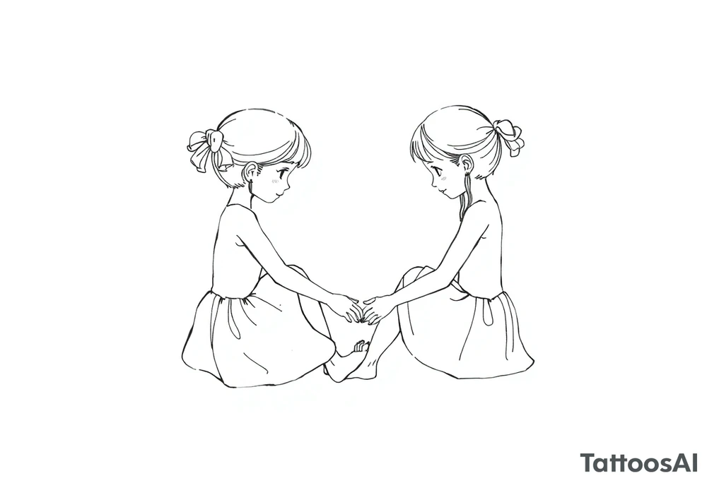 Zwei kleine mädchen sitzen sich gegenüber eine hat einen Dutt die andere einen Zopf und sie berühren sich an den Fußsohlen tattoo idea