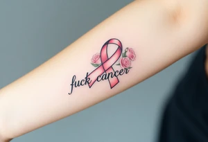Breast Cancer ribbon that says "fuck cancer"with light pink roses tattoo idea
