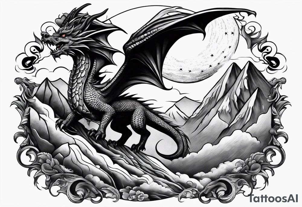 Mexican dragon flying over a mountain and around the moon arm sleeve tattoo idea