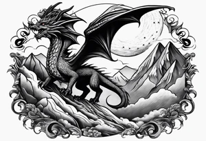 Mexican dragon flying over a mountain and around the moon arm sleeve tattoo idea