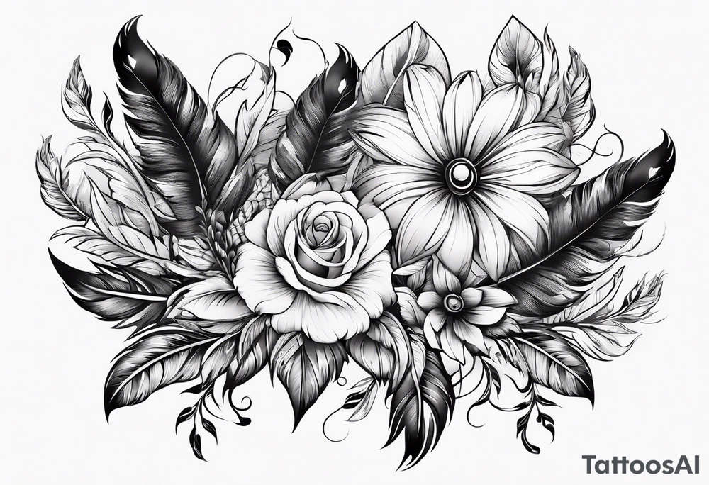 western patter with feathers and flowers for hip tattoo idea