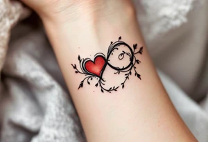 A delicate black infinity symbol merging into a soft red heart, representing eternal love tattoo idea