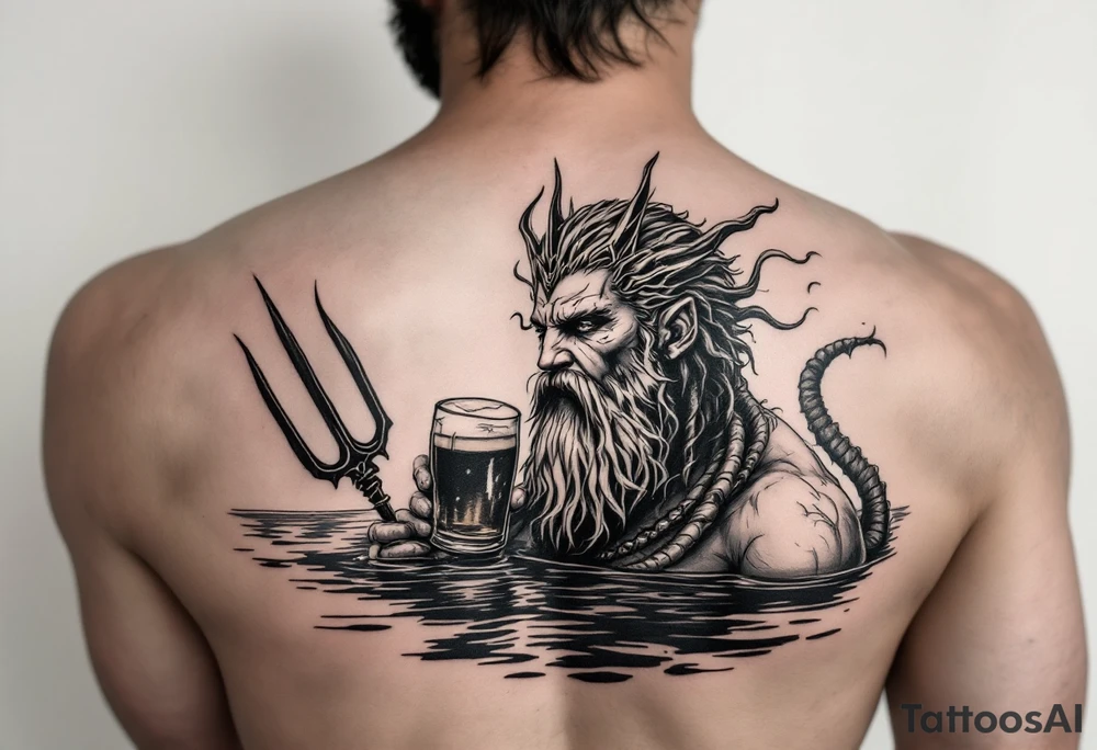 poseidon, with a trident, in calm water, holding a beer tattoo idea
