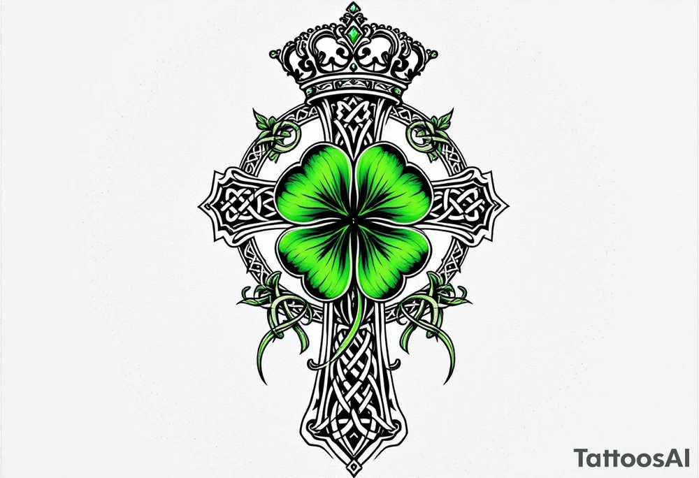 Masculine Celtic cross tattoo featuring intricate knotwork patterns along the arms and base of the cross. At the heart of the cross, place a vibrant four-leaf clover, its leaves shaded with subtle gradients of green, symbolizing luck and unity. Above the cross, incorporate a regal crown adorned with ornate details, such as small gemstones or filigree, to signify authority and strength. Behind the cross add more celtic knots and a celtic tree of life tattoo idea