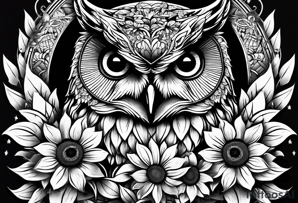 Black and white owl with sunflowers leg sleeve tattoo idea