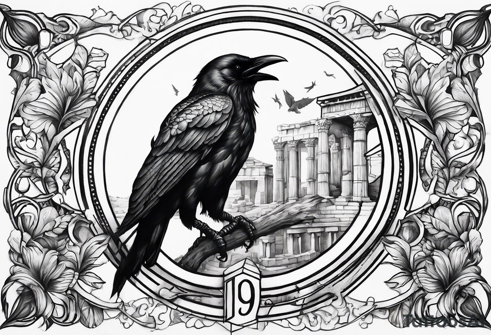 I want a tattoo that goes from the shoulder to the elbow including a scorpion, the metraton cube, the crow and the Roman numeral 19. tattoo idea
