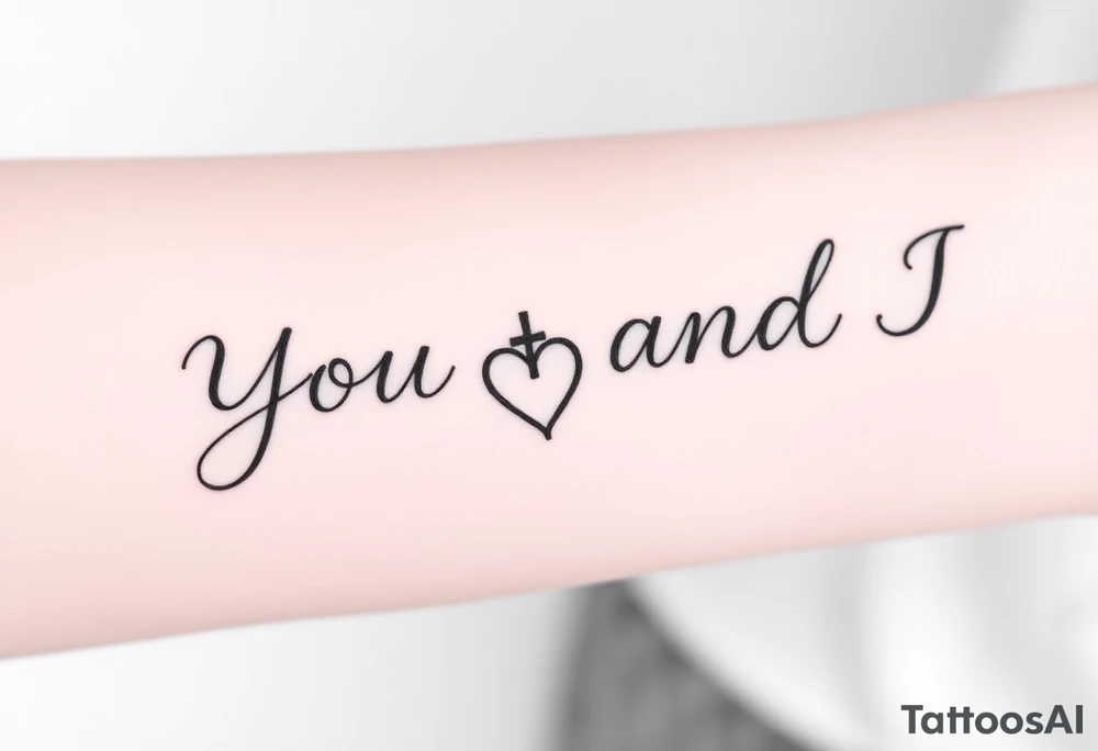 "You and I together" with a cross, and a heart integrated into the design tattoo idea