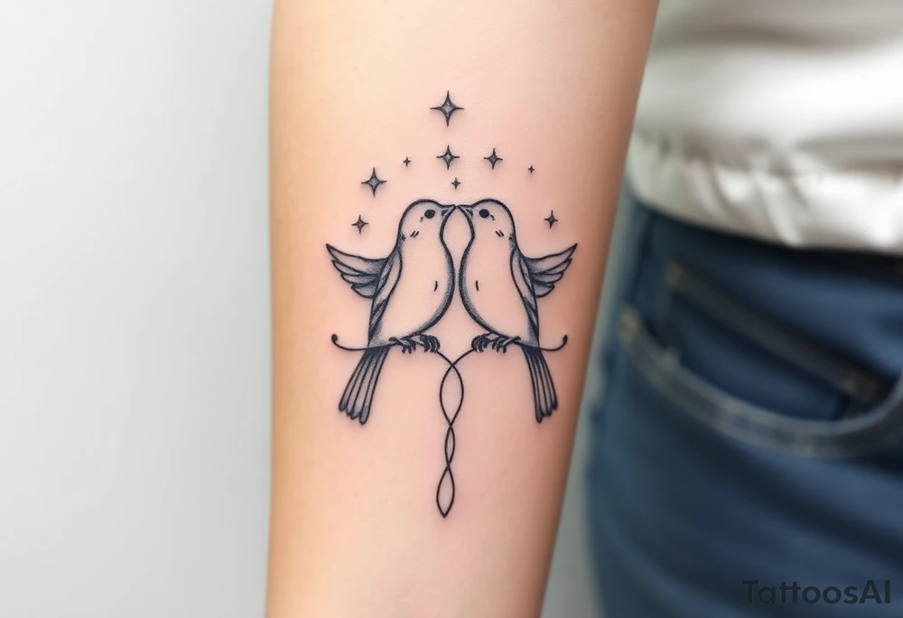 two birds sitting, stars and infinity theme couples tattoo tattoo idea