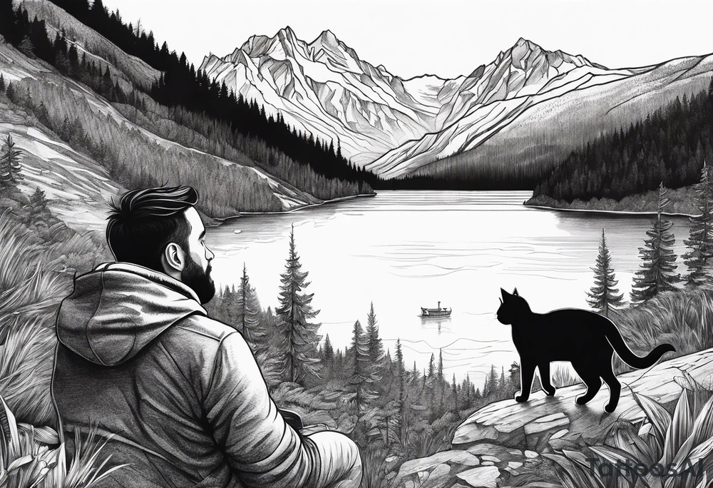 Man waking up trail with cat on side of him, Black Forest and mountains behind with lake tattoo idea