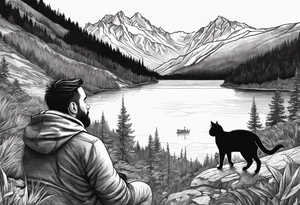 Man waking up trail with cat on side of him, Black Forest and mountains behind with lake tattoo idea