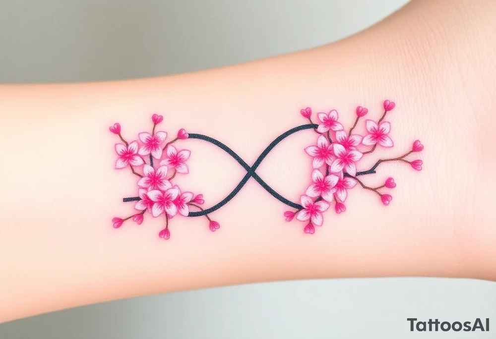 An infinity symbol with blooming cherry blossoms and hearts, in soft pink and white tones tattoo idea